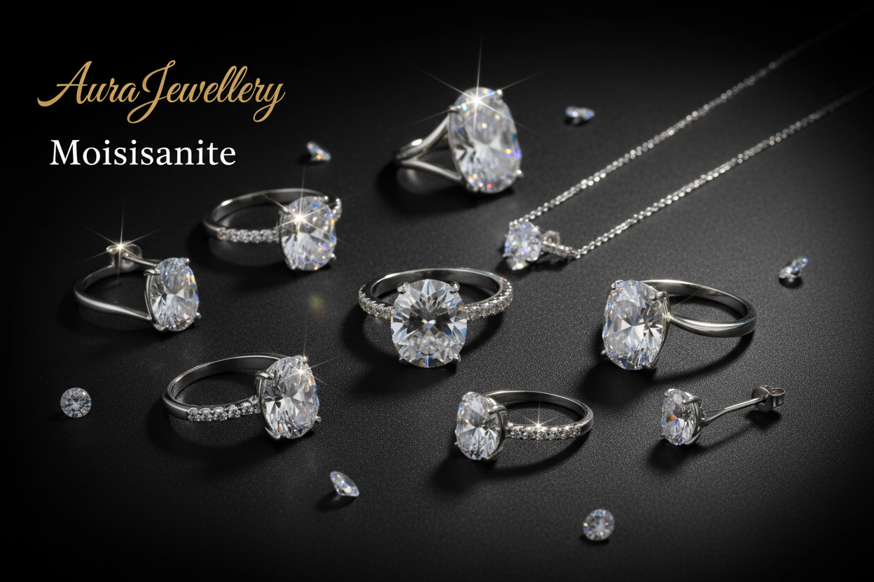 Baner AuraJewellery z moissanitem na czarnym tle